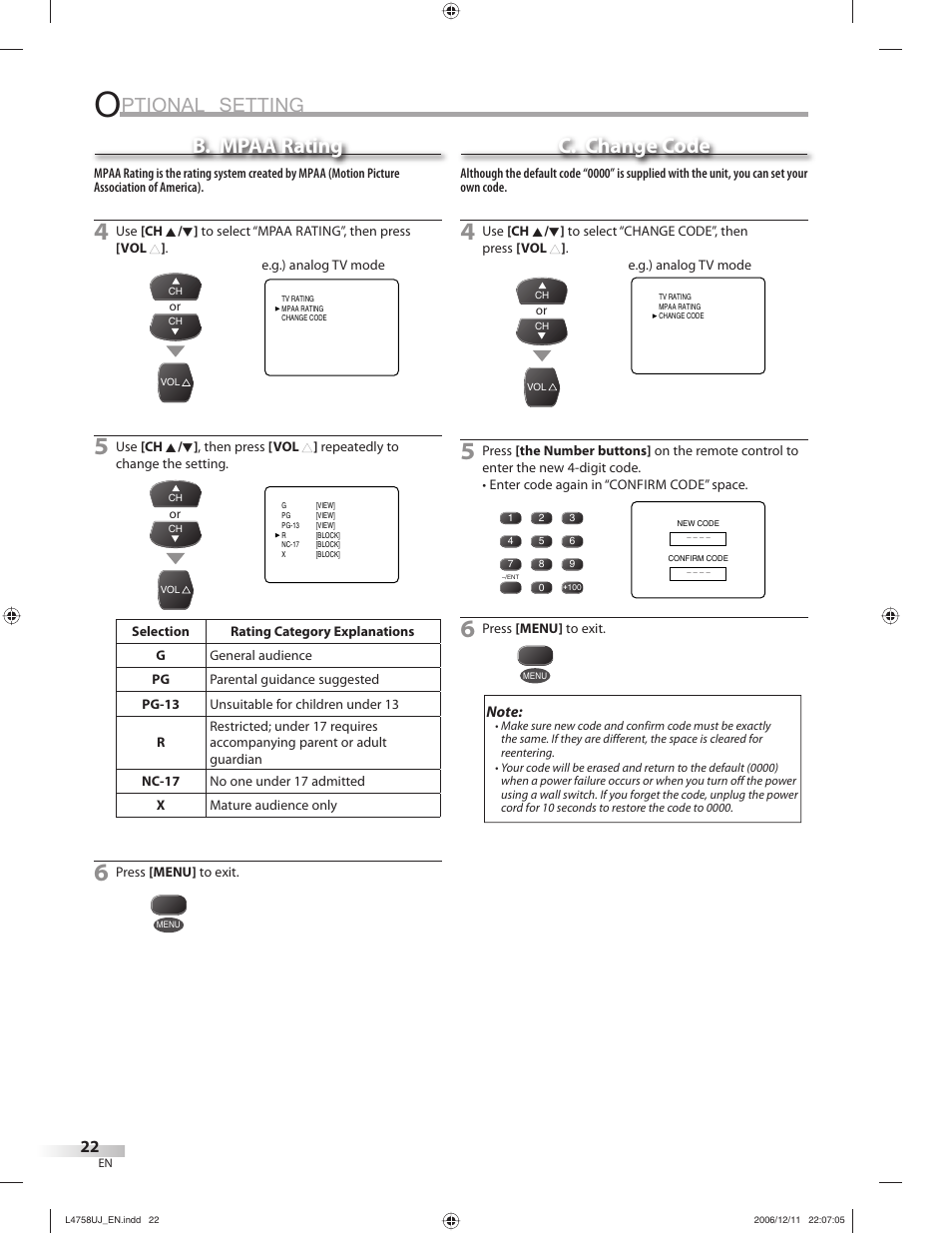 Ptional setting, B. mpaa rating, C. change code | FUNAI CR270TT8 User Manual | Page 22 / 56