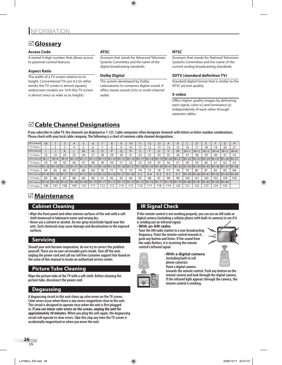 Nformation, Maintenance 5 glossary 5, Cable channel designations 5 | Cabinet cleaning, Servicing, Picture tube cleaning, Degaussing, Ir signal check | FUNAI CR270TT8 User Manual | Page 26 / 56