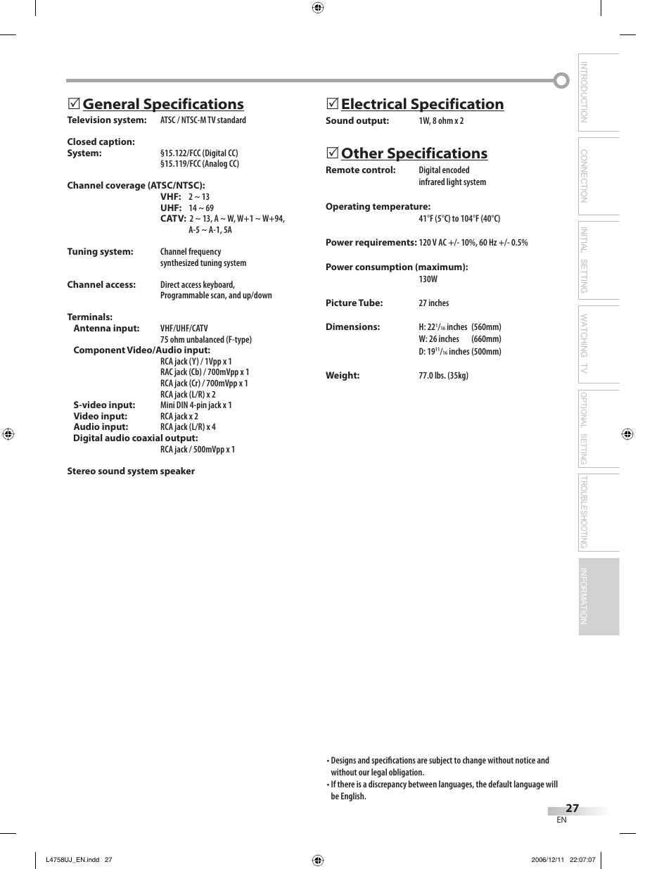 General specifications, 5electrical specification, Other specifications | Troubleshooting information | FUNAI CR270TT8 User Manual | Page 27 / 56