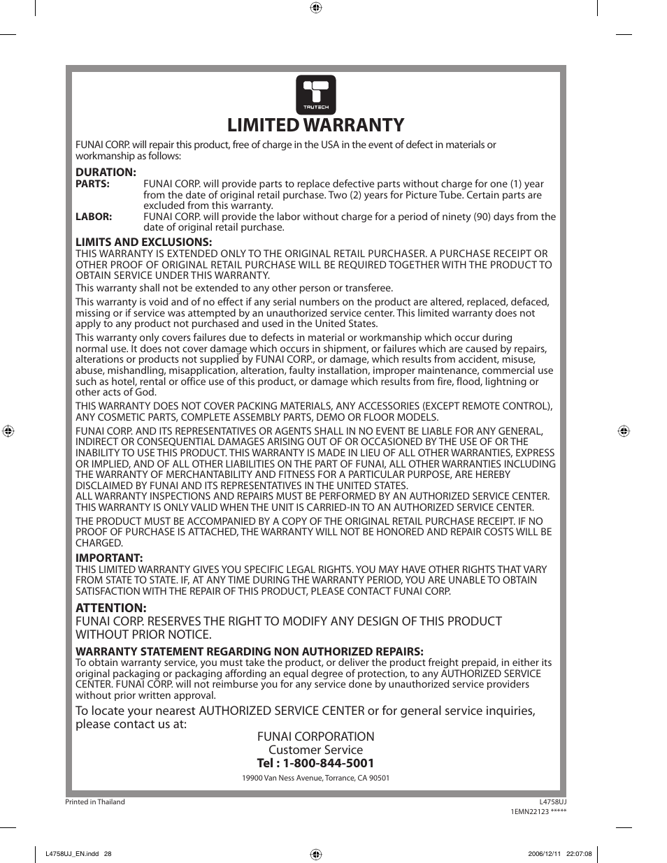 Limited warranty | FUNAI CR270TT8 User Manual | Page 28 / 56