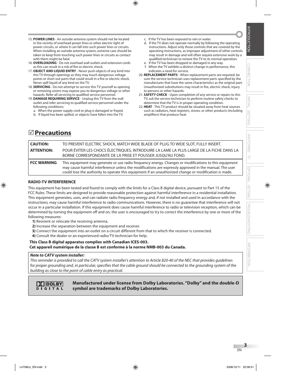Precautions | FUNAI CR270TT8 User Manual | Page 3 / 56