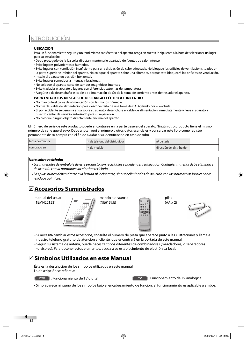 Ntroducción, Accesorios suministrados 5, Símbolos utilizados en este manual 5 | FUNAI CR270TT8 User Manual | Page 32 / 56