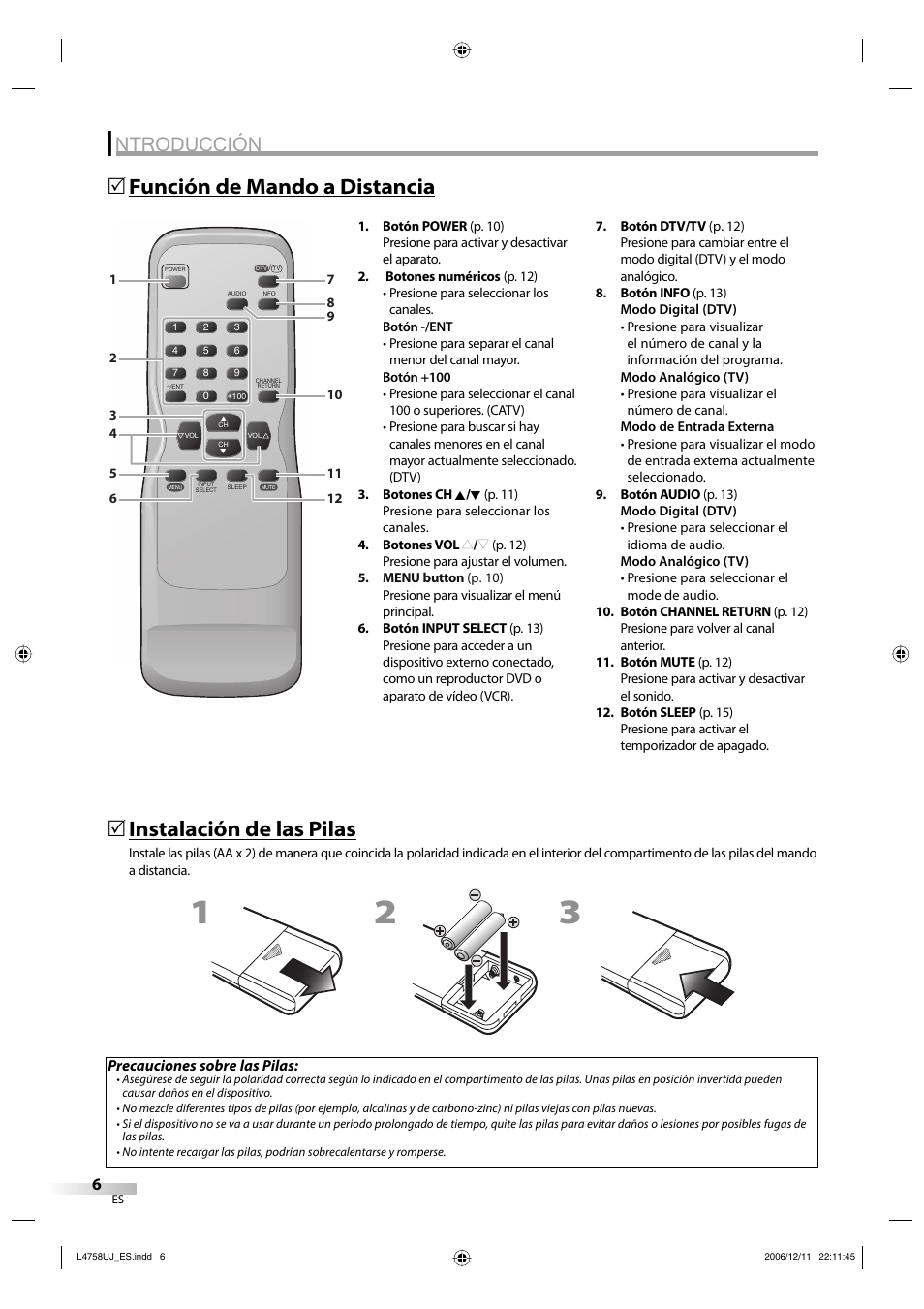 Ntroducción, Función de mando a distancia 5, Instalación de las pilas | FUNAI CR270TT8 User Manual | Page 34 / 56