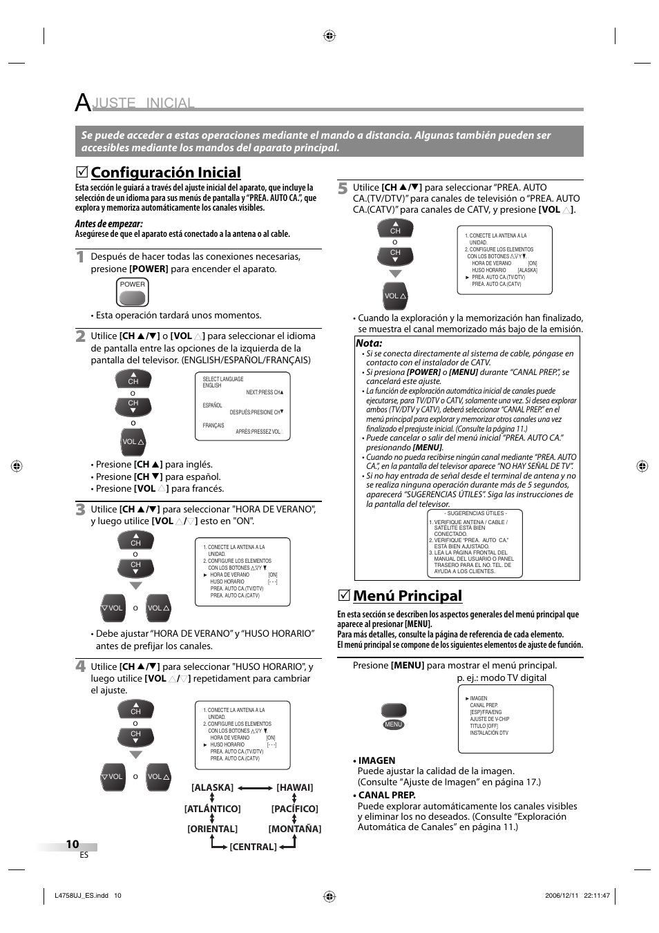 Juste inicial, Configuración inicial, Menú principal | FUNAI CR270TT8 User Manual | Page 38 / 56