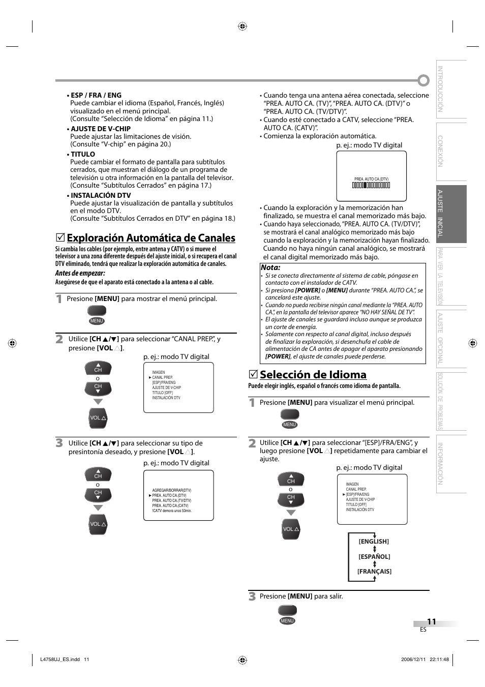 Exploración automática de canales, Selección de idioma | FUNAI CR270TT8 User Manual | Page 39 / 56