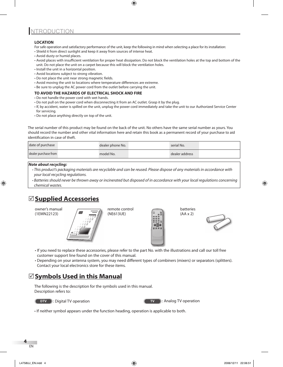 Ntroduction, Supplied accessories 5, Symbols used in this manual 5 | FUNAI CR270TT8 User Manual | Page 4 / 56