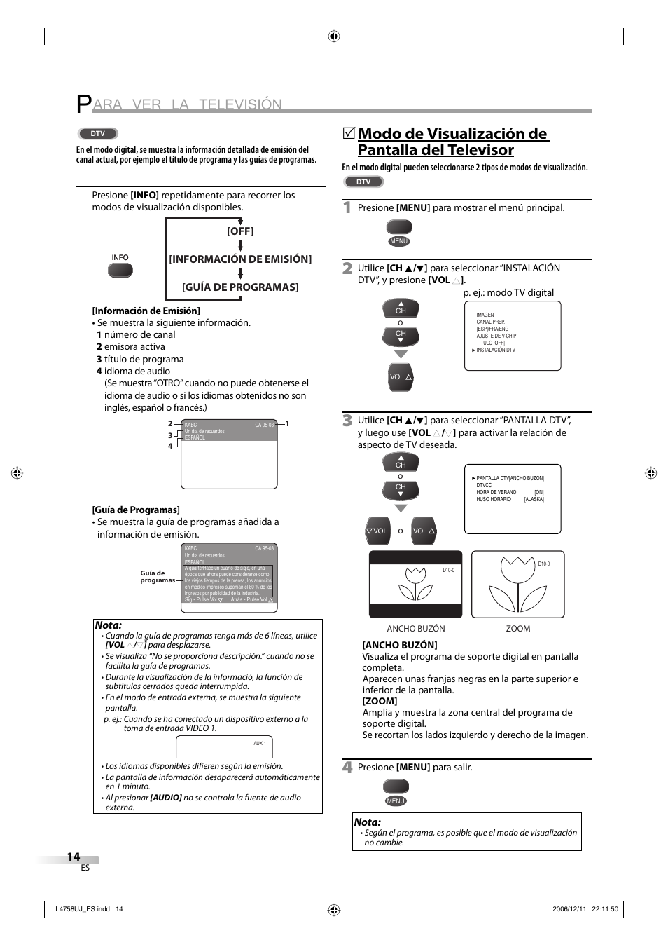Ara ver la televisión, Modo de visualización de pantalla del televisor | FUNAI CR270TT8 User Manual | Page 42 / 56