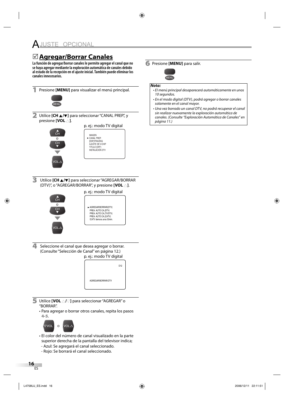 Juste opcional, Agregar/borrar canales | FUNAI CR270TT8 User Manual | Page 44 / 56