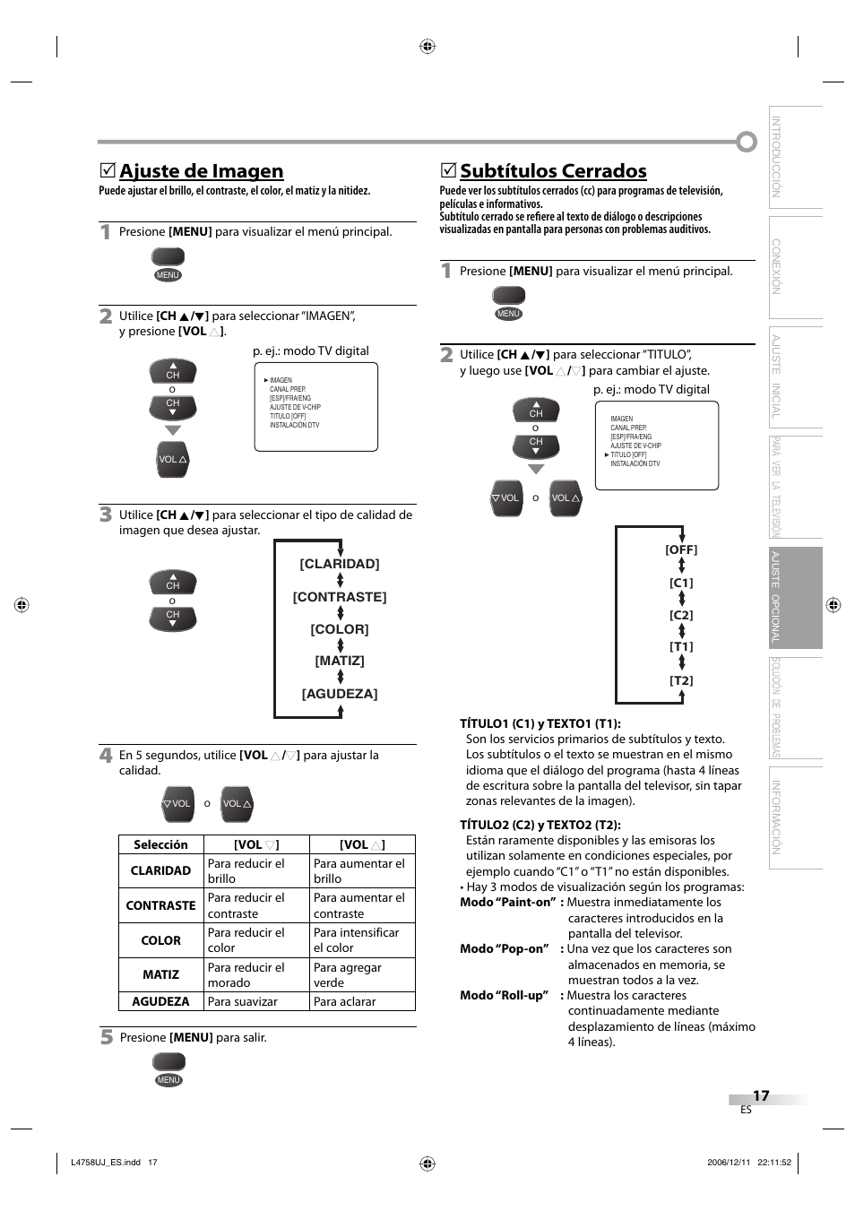 Ajuste de imagen, 5subtítulos cerrados, Solución de problemas información | FUNAI CR270TT8 User Manual | Page 45 / 56