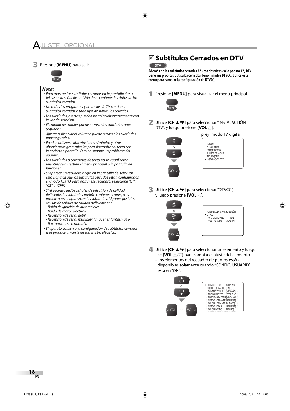 Juste opcional, Subtítulos cerrados en dtv | FUNAI CR270TT8 User Manual | Page 46 / 56