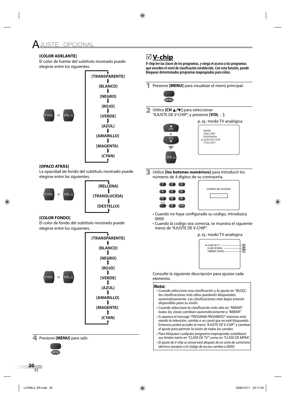 Juste opcional, V-chip | FUNAI CR270TT8 User Manual | Page 48 / 56