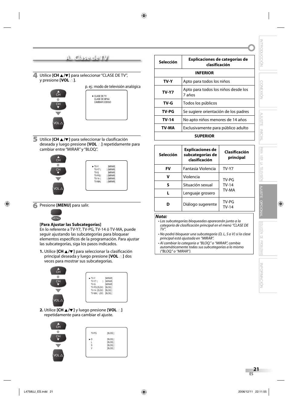 A. clase de tv, Solución de problemas información, Ajuste opcional | FUNAI CR270TT8 User Manual | Page 49 / 56