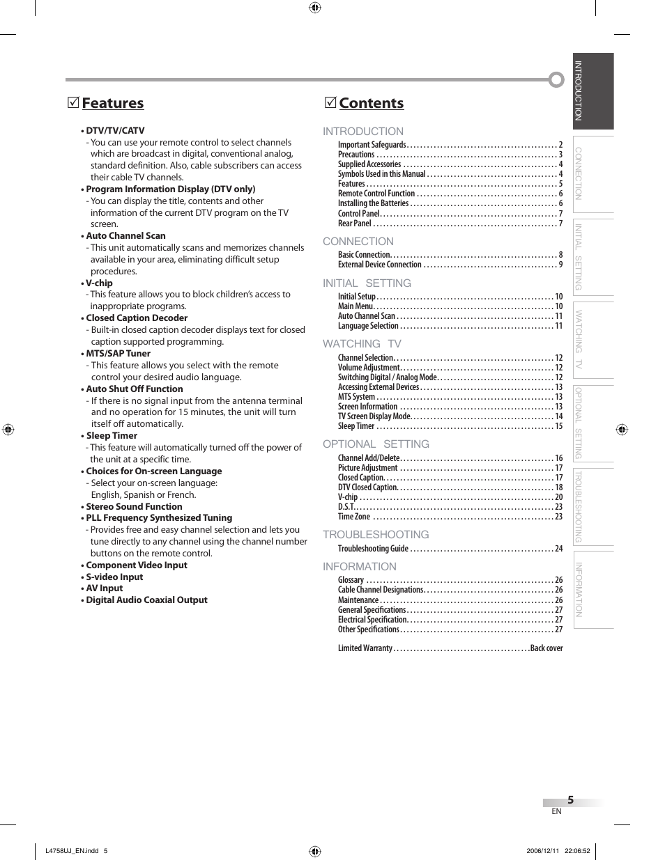 Introduction, Connection, Initial setting | Watching tv, Optional setting, Troubleshooting, Information, Contents 5, Features 5 | FUNAI CR270TT8 User Manual | Page 5 / 56