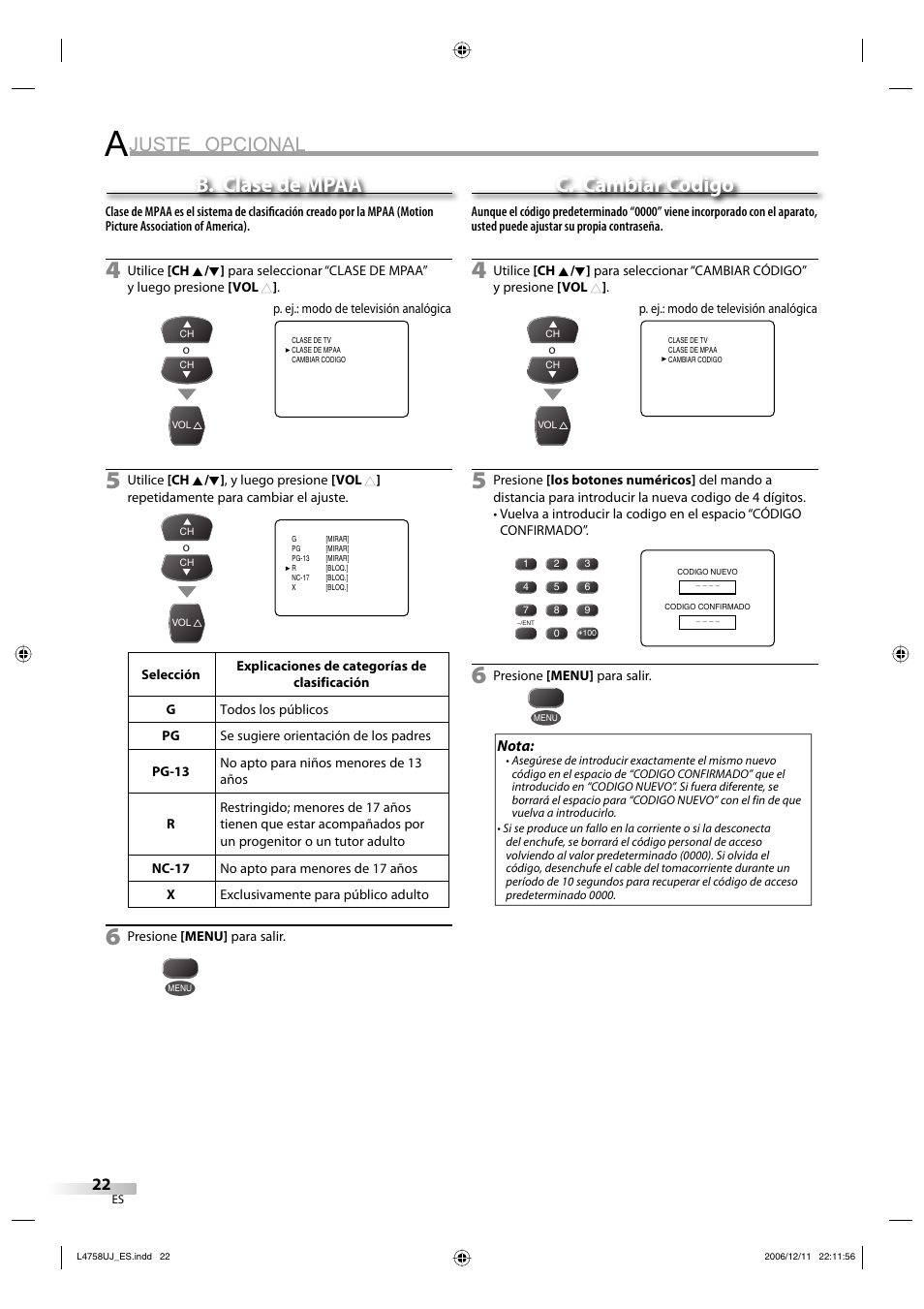 Juste opcional, B. clase de mpaa, C. cambiar codigo | FUNAI CR270TT8 User Manual | Page 50 / 56