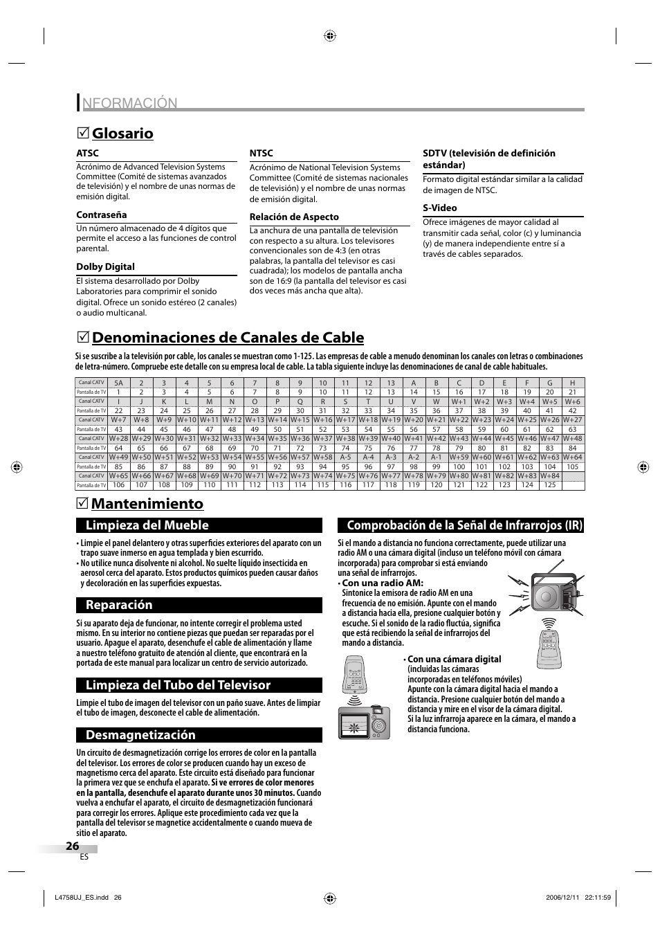 Nformación, Mantenimiento 5 glosario 5, Denominaciones de canales de cable 5 | Limpieza del mueble, Reparación, Limpieza del tubo del televisor, Desmagnetización, Comprobación de la señal de infrarrojos (ir) | FUNAI CR270TT8 User Manual | Page 54 / 56