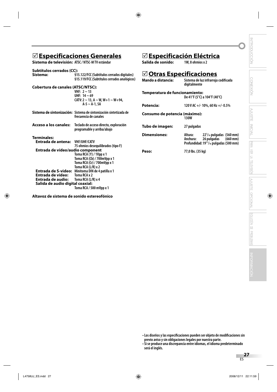 Especificaciones generales, 5especificación eléctrica, Otras especificaciones | Solución de problemas información | FUNAI CR270TT8 User Manual | Page 55 / 56
