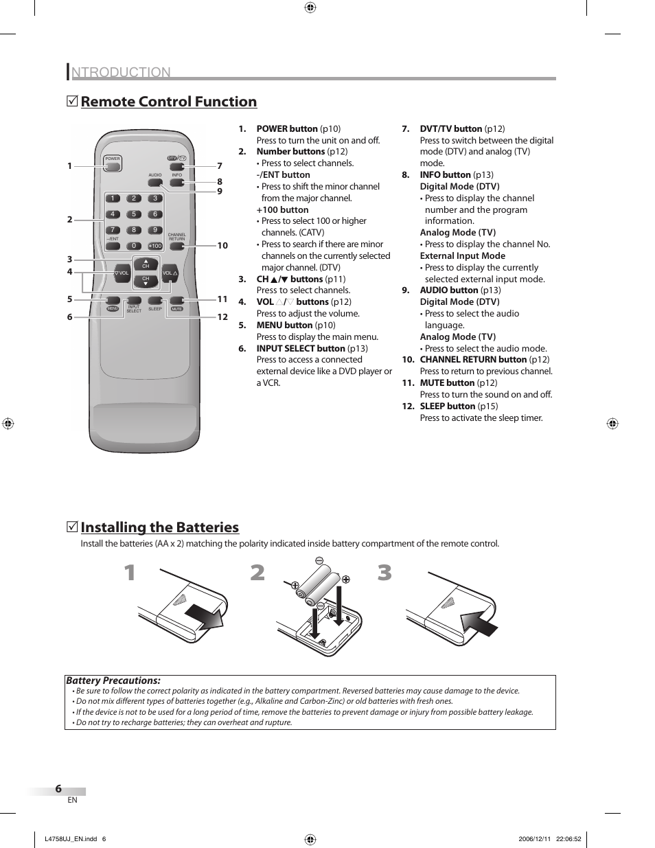 Ntroduction, Remote control function 5, Installing the batteries | FUNAI CR270TT8 User Manual | Page 6 / 56