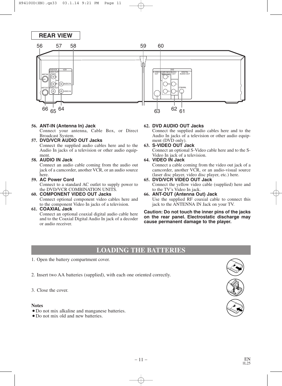 Loading the batteries, Rear view, Do not mix alkaline and manganese batteries | Do not mix old and new batteries | FUNAI Emerson EWD2203 User Manual | Page 11 / 44