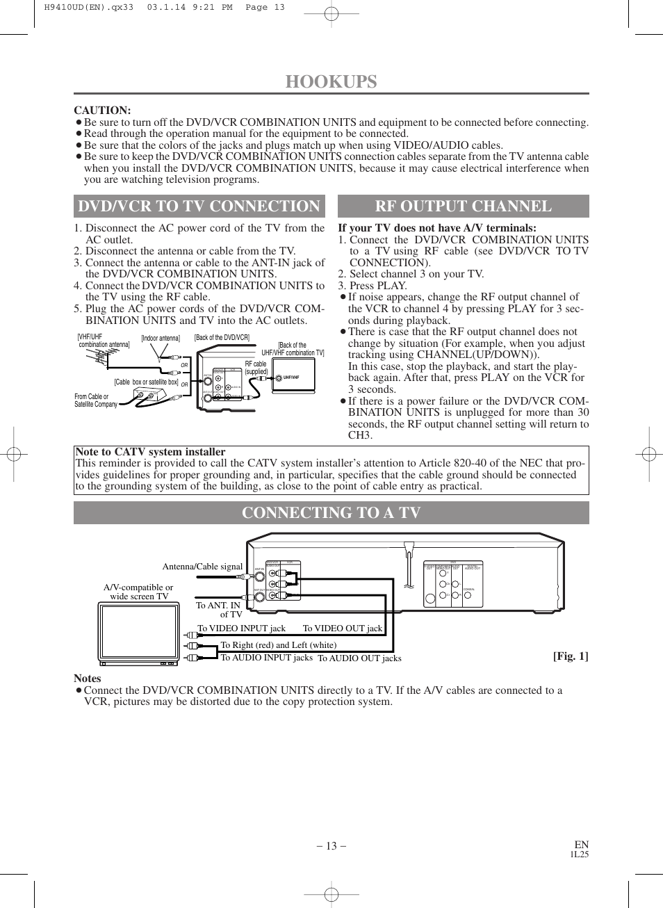 Hookups, Connecting to a tv, Dvd/vcr to tv connection | Rf output channel, Caution | FUNAI Emerson EWD2203 User Manual | Page 13 / 44
