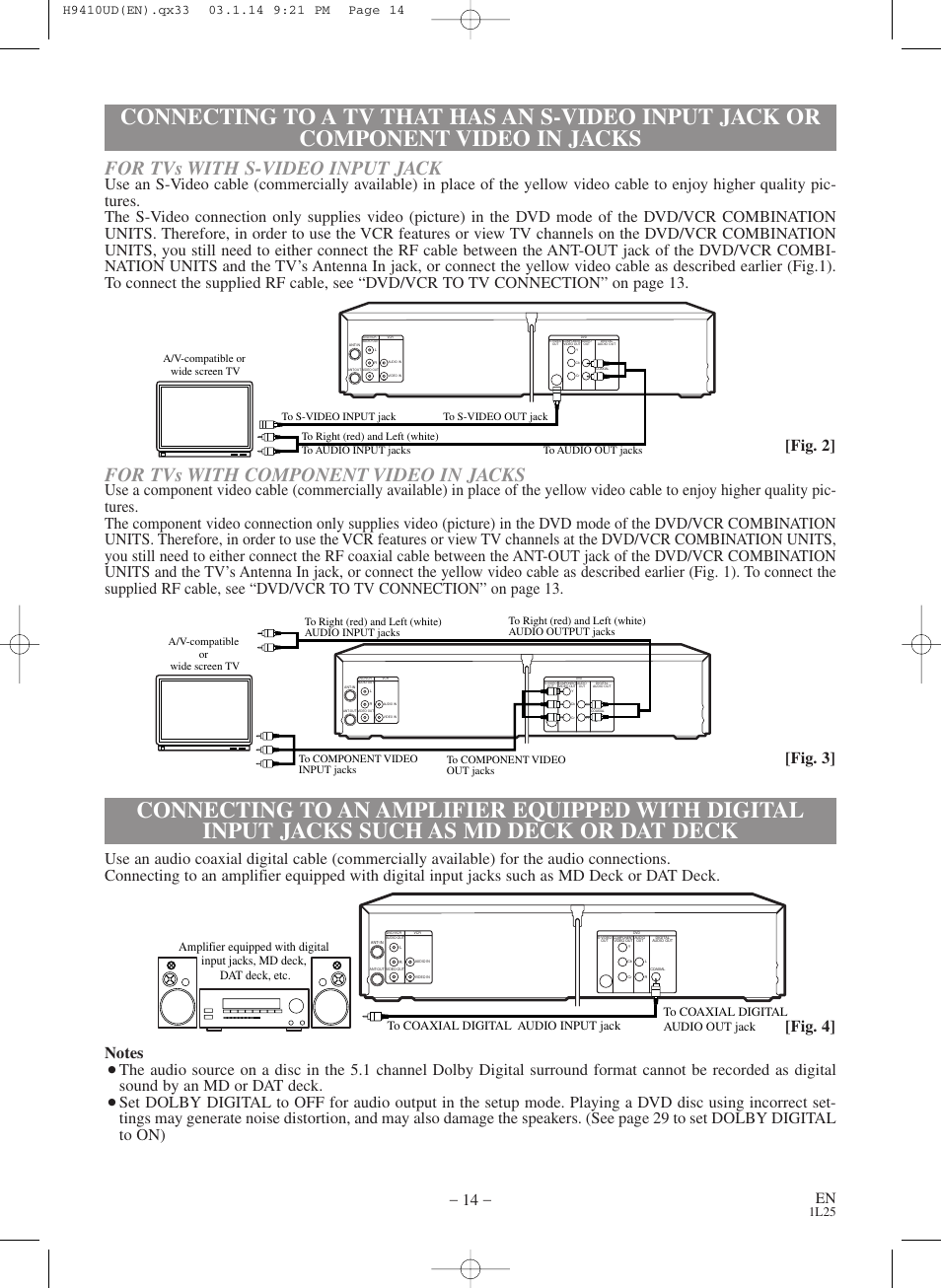 For tvs with component video in jacks, For tvs with s-video input jack, Fig. 3] [fig. 2 | 1l25 | FUNAI Emerson EWD2203 User Manual | Page 14 / 44