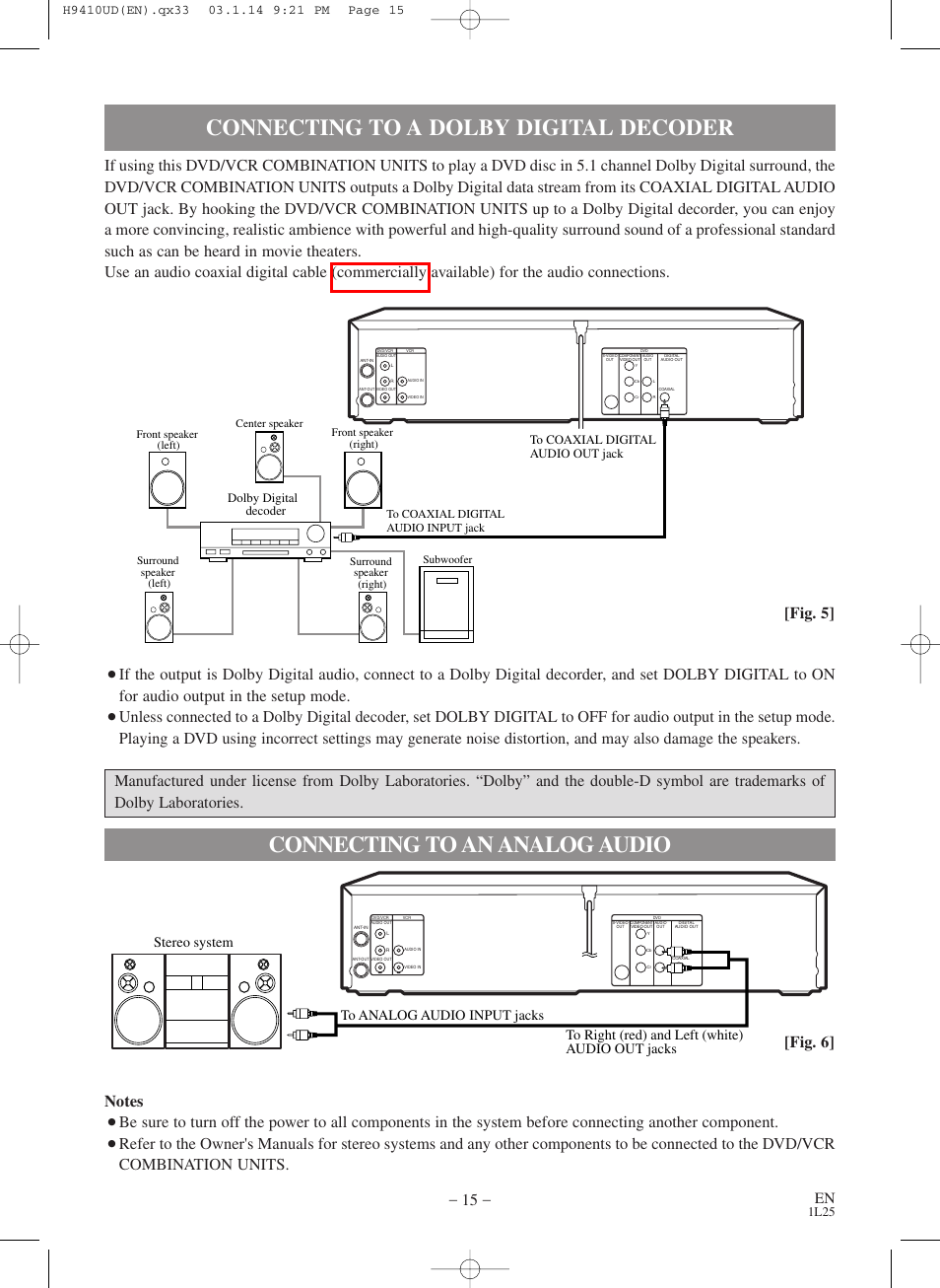 Connecting to a dolby digital decoder, Connecting to an analog audio, Fig. 6 | 1l25, Dolby digital decoder | FUNAI Emerson EWD2203 User Manual | Page 15 / 44