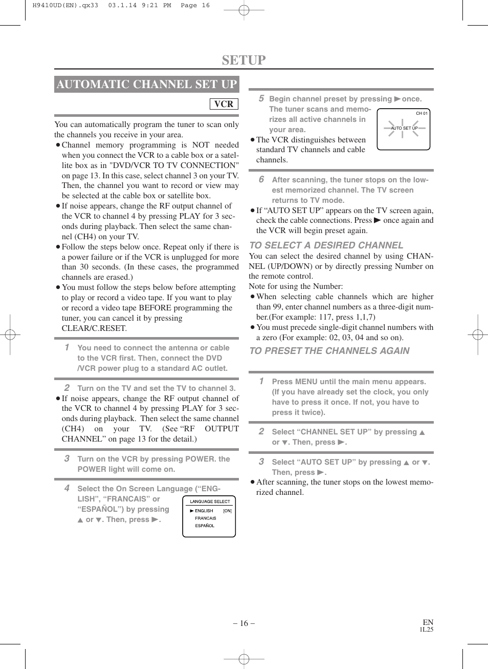 Setup, Automatic channel set up | FUNAI Emerson EWD2203 User Manual | Page 16 / 44