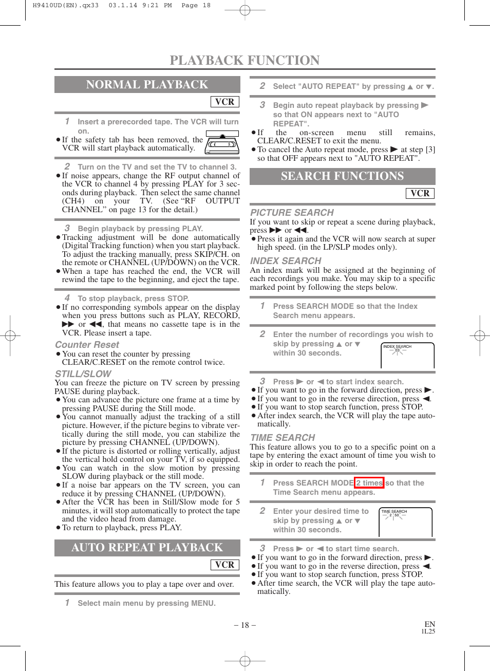 Playback function, Normal playback, Auto repeat playback | Search functions | FUNAI Emerson EWD2203 User Manual | Page 18 / 44