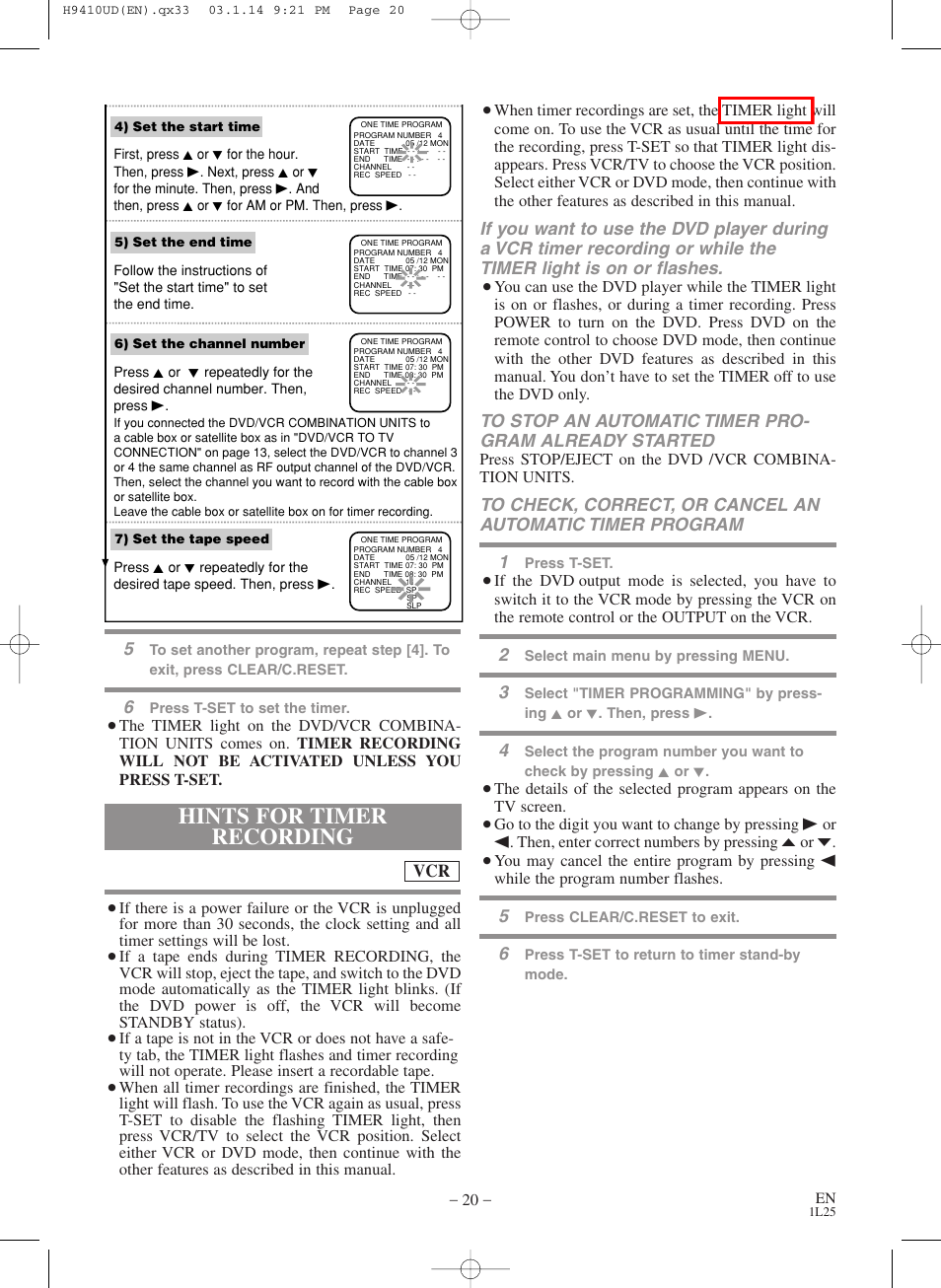 Hints for timer recording | FUNAI Emerson EWD2203 User Manual | Page 20 / 44