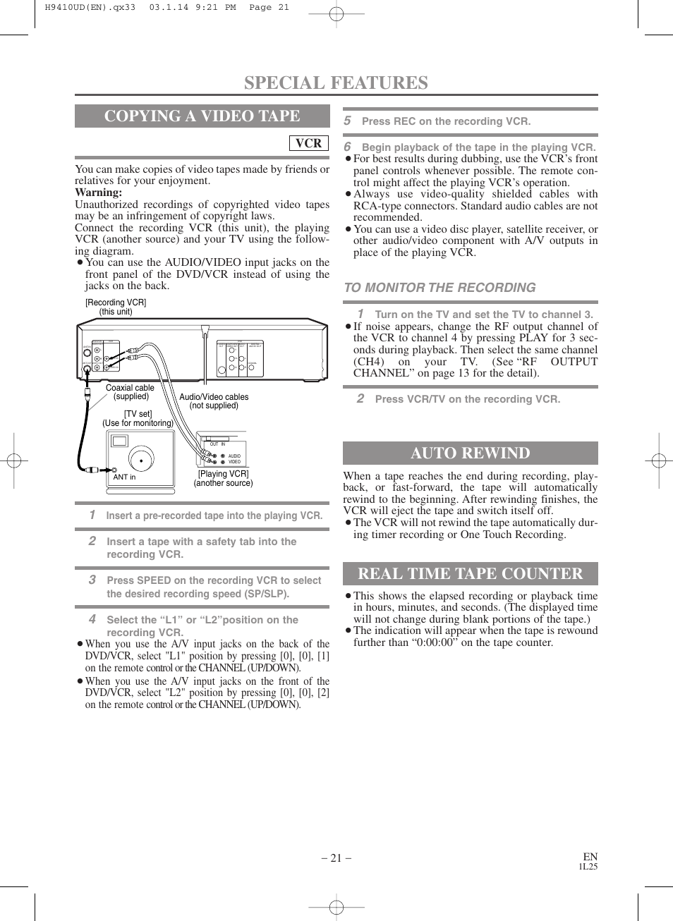 Special features, Copying a video tape, Auto rewind | Real time tape counter | FUNAI Emerson EWD2203 User Manual | Page 21 / 44