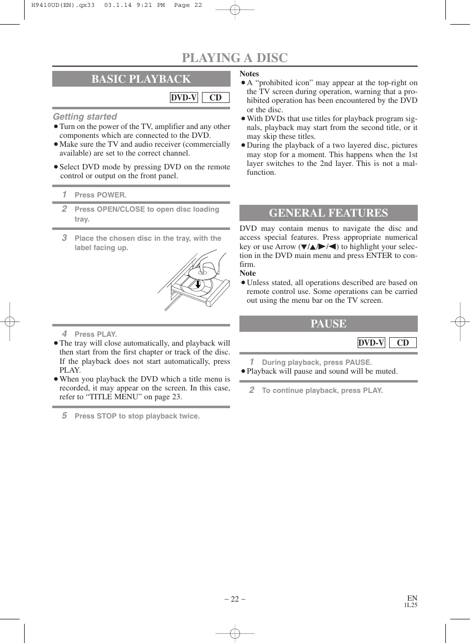 Playing a disc, Basic playback, General features | Pause | FUNAI Emerson EWD2203 User Manual | Page 22 / 44