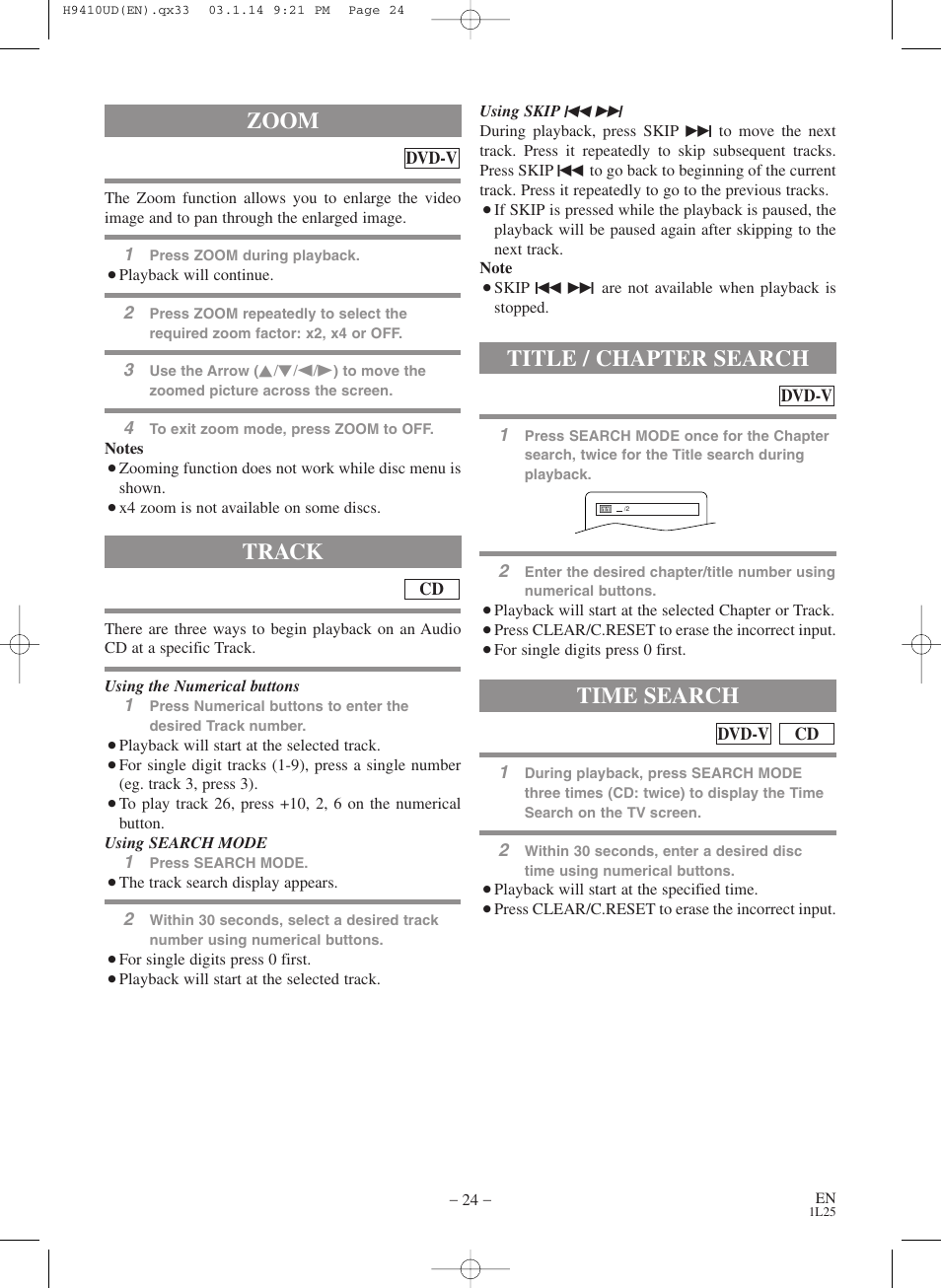 Track, Zoom, Title / chapter search | Time search | FUNAI Emerson EWD2203 User Manual | Page 24 / 44