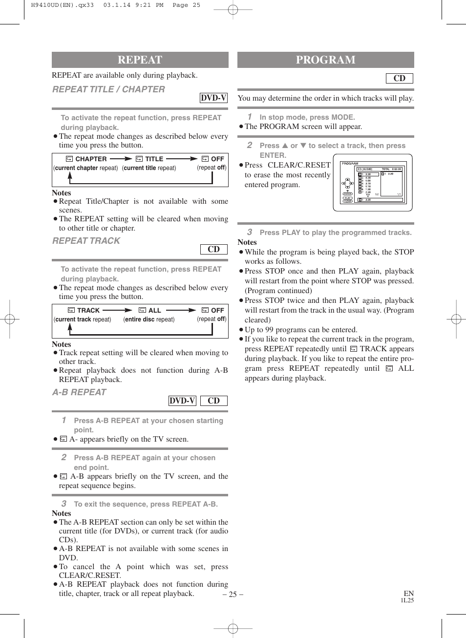 Repeat, Program | FUNAI Emerson EWD2203 User Manual | Page 25 / 44