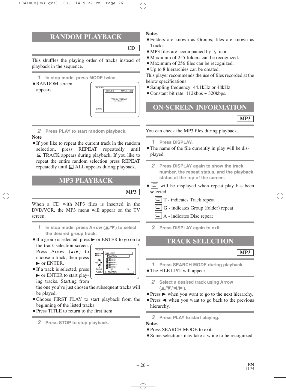 Random playback, Mp3 playback, On-screen information | Track selection | FUNAI Emerson EWD2203 User Manual | Page 26 / 44