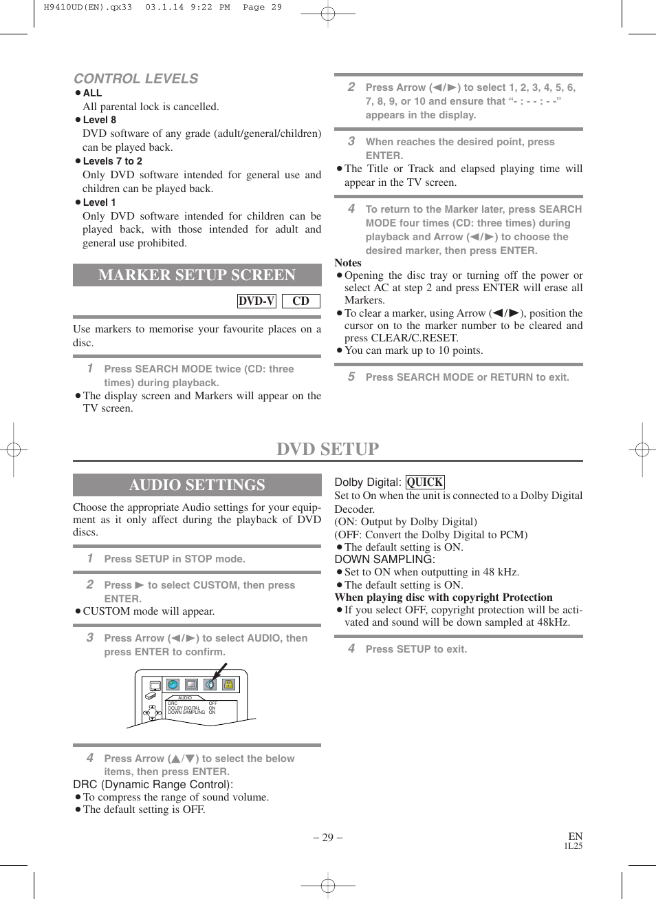 Dvd setup, Marker setup screen, Audio settings | Control levels | FUNAI Emerson EWD2203 User Manual | Page 29 / 44