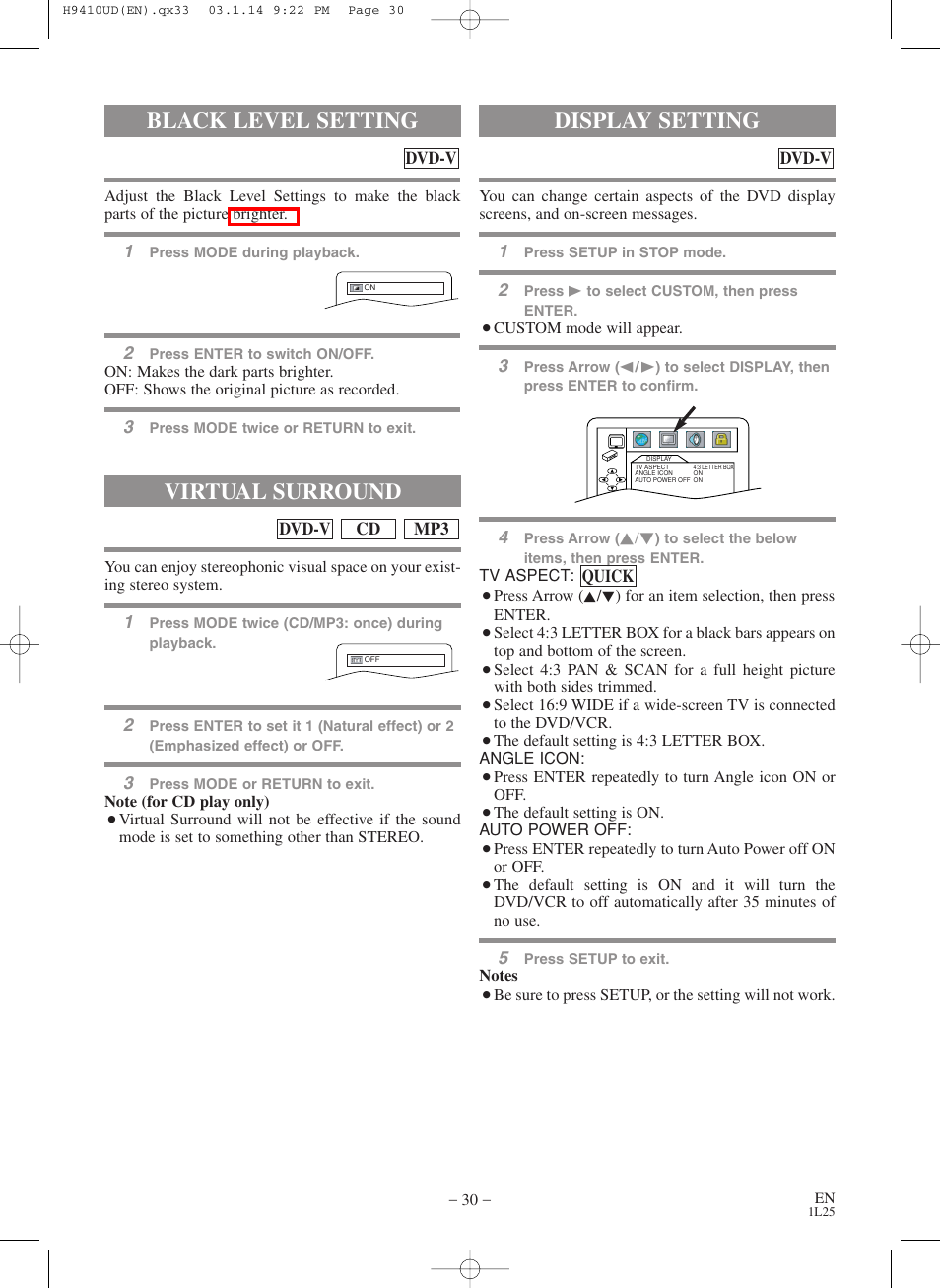 Black level setting, Virtual surround, Display setting | FUNAI Emerson EWD2203 User Manual | Page 30 / 44