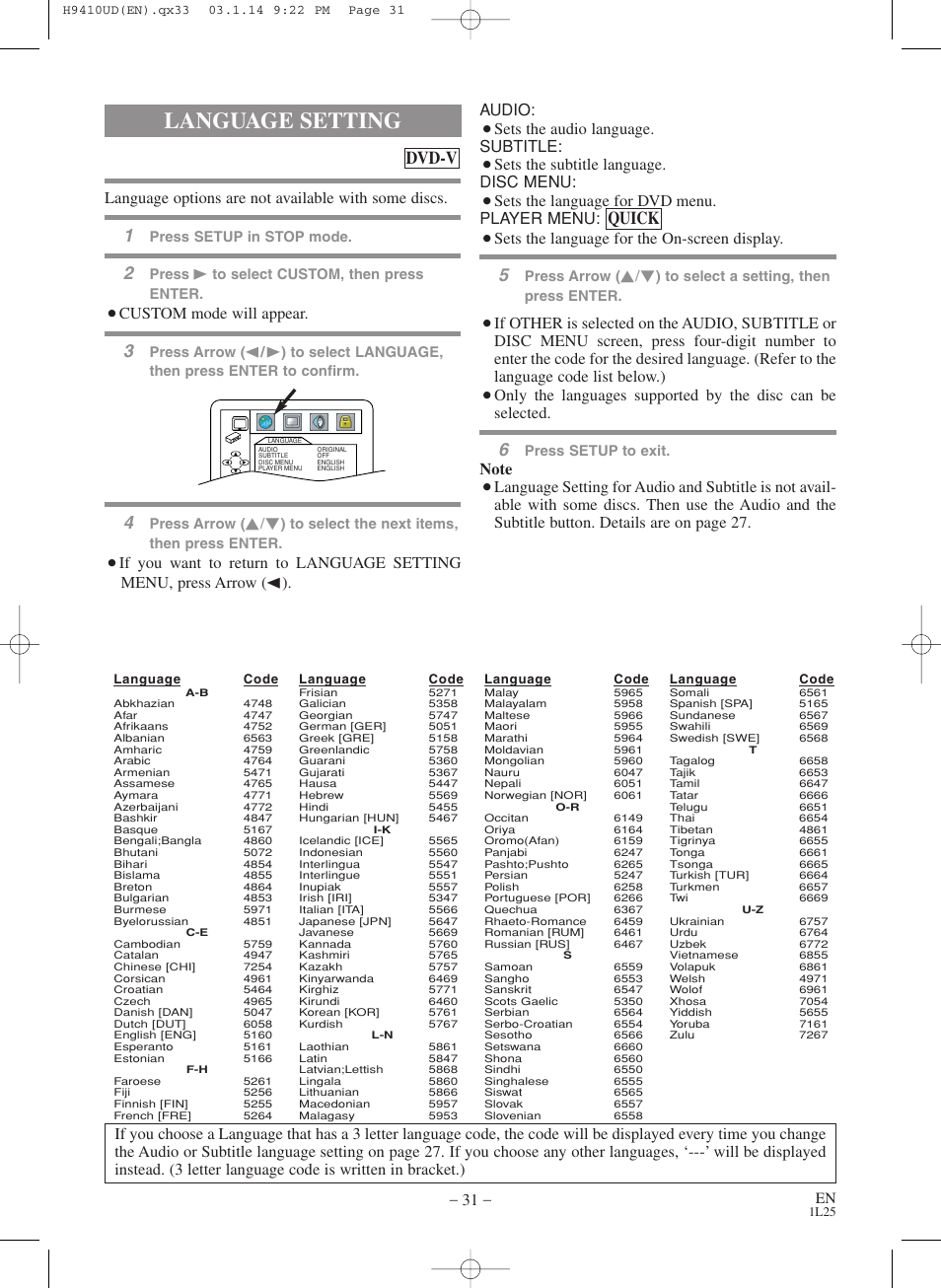 Language setting, Dvd-v, Quick | Language options are not available with some discs, Custom mode will appear, Sets the audio language. subtitle, Sets the subtitle language. disc menu, Sets the language for dvd menu. player menu, Sets the language for the on-screen display | FUNAI Emerson EWD2203 User Manual | Page 31 / 44