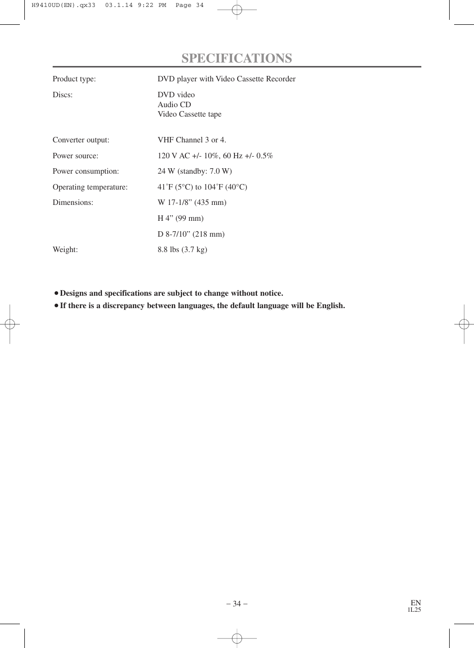 Specifications | FUNAI Emerson EWD2203 User Manual | Page 34 / 44