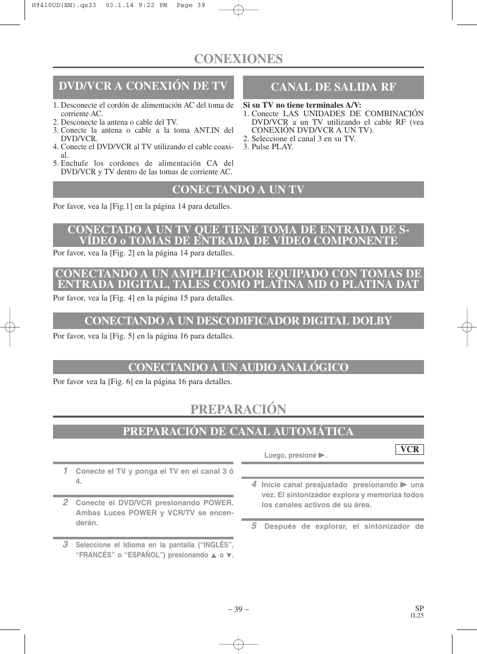 Conexiones, Preparación, Canal de salida rf | Conectando a un descodificador digital dolby, Conectando a un audio analógico, Preparación de canal automática | FUNAI Emerson EWD2203 User Manual | Page 39 / 44
