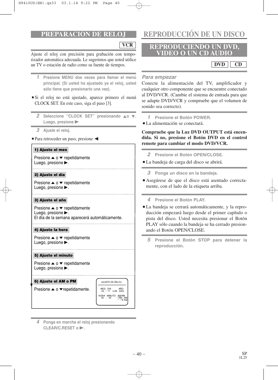 Reproducción de un disco, Preparación de reloj, Reproduciendo un dvd, video o un cd audio | FUNAI Emerson EWD2203 User Manual | Page 40 / 44