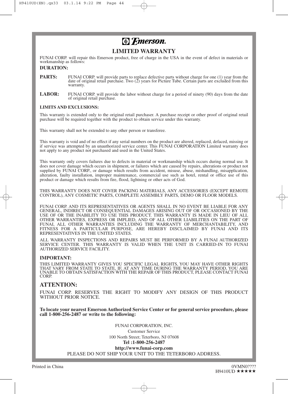 Limited warranty, Attention | FUNAI Emerson EWD2203 User Manual | Page 44 / 44