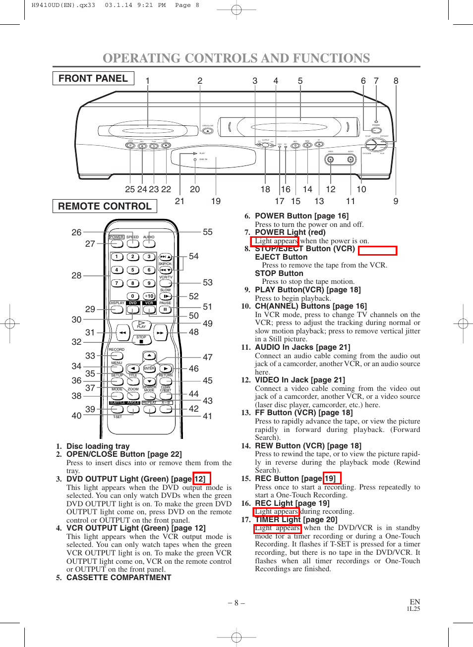 Operating controls and functions, Front panel remote control | FUNAI Emerson EWD2203 User Manual | Page 8 / 44