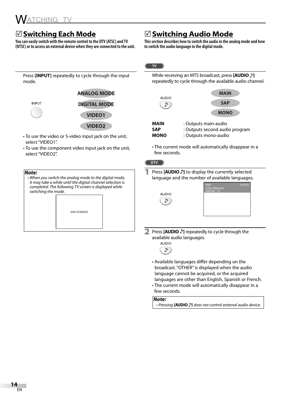 Atching tv, Switching each mode, 5switching audio mode | FUNAI V07LCD15 User Manual | Page 14 / 28