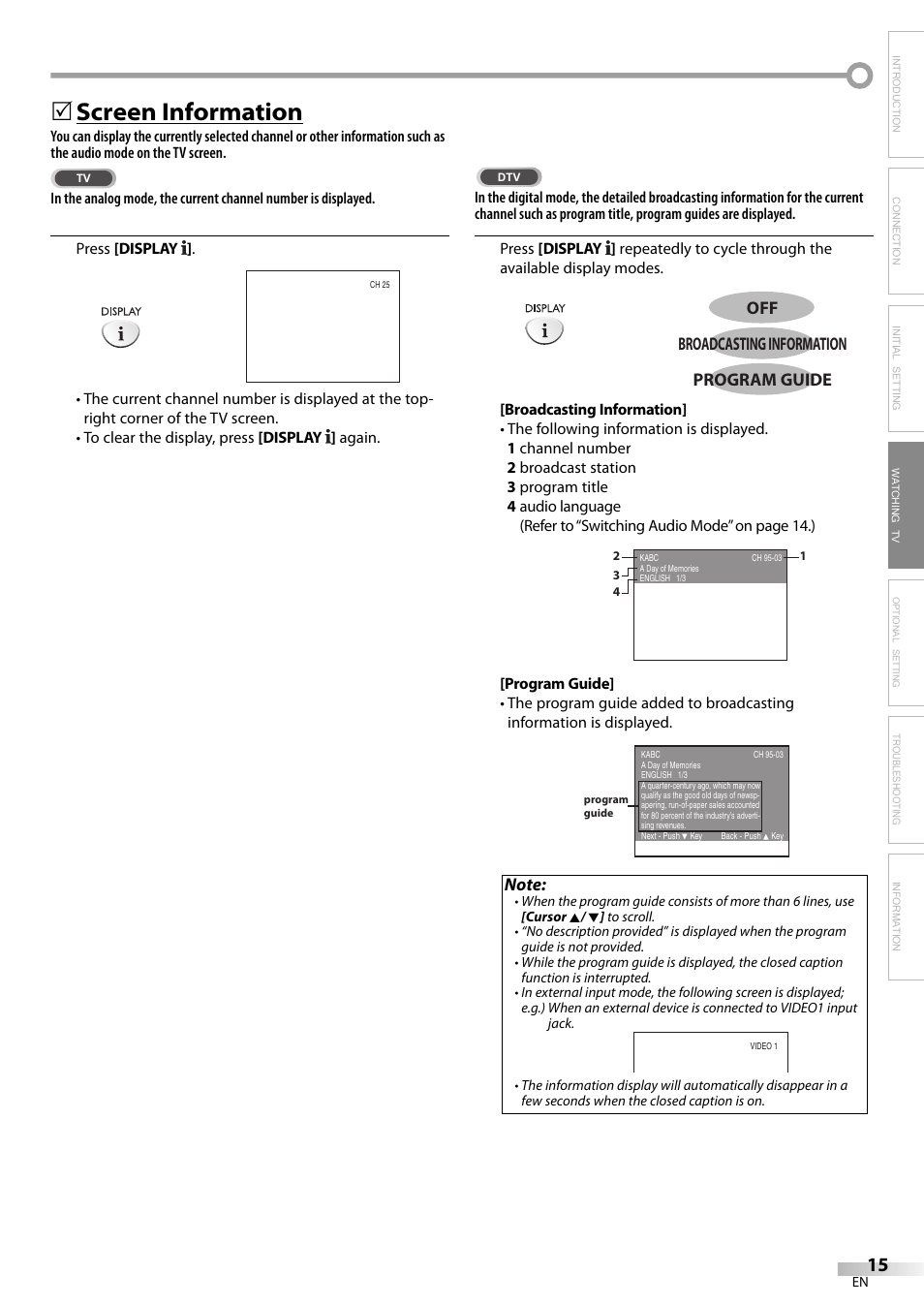 Screen information | FUNAI V07LCD15 User Manual | Page 15 / 28