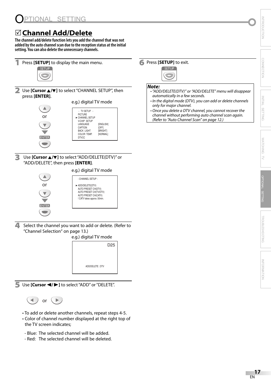 Ptional setting, Channel add/delete | FUNAI V07LCD15 User Manual | Page 17 / 28