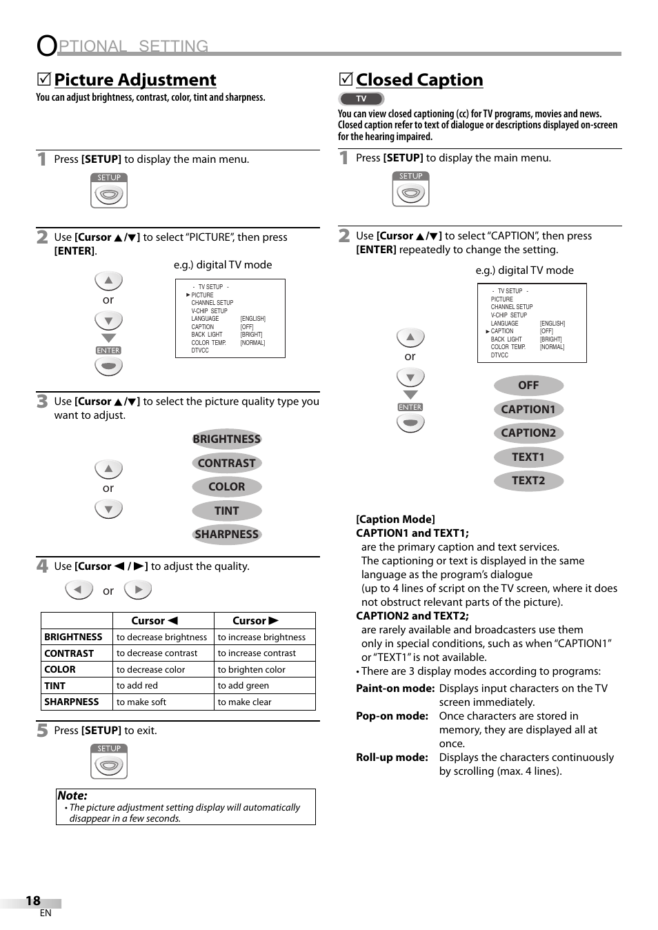 Ptional setting, Picture adjustment, 5closed caption | FUNAI V07LCD15 User Manual | Page 18 / 28