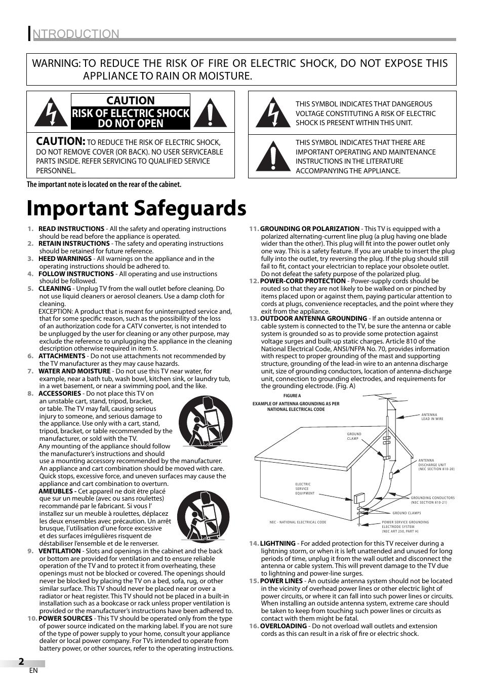 Important safeguards, Ntroduction, Caution | Caution risk of electric shock do not open | FUNAI V07LCD15 User Manual | Page 2 / 28