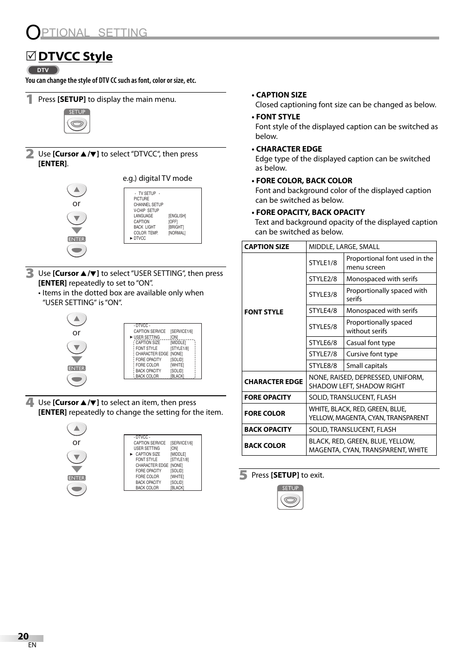 Ptional setting, Dtvcc style | FUNAI V07LCD15 User Manual | Page 20 / 28