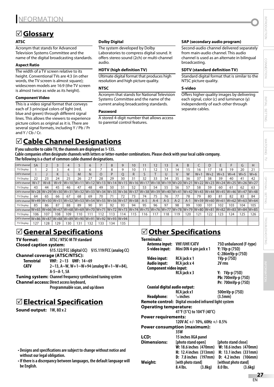 Nformation, Glossary 5, Electrical specification | 5other specifications, Troubleshooting information | FUNAI V07LCD15 User Manual | Page 27 / 28