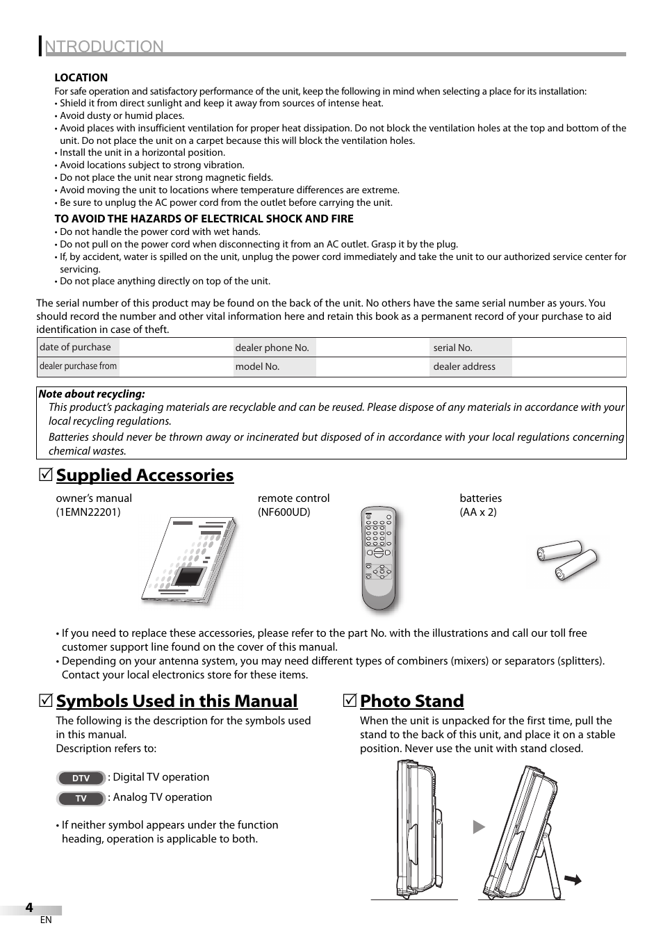 Ntroduction, Supplied accessories 5, Symbols used in this manual | Photo stand | FUNAI V07LCD15 User Manual | Page 4 / 28