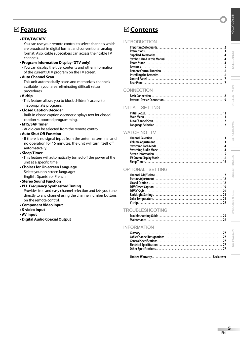 Introduction, Connection, Initial setting | Watching tv, Optional setting, Troubleshooting, Information, Contents 5, Features 5 | FUNAI V07LCD15 User Manual | Page 5 / 28